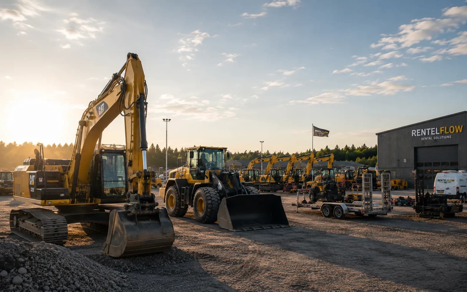RentelFlow rental yard with excavators and wheel loaders at sunrise