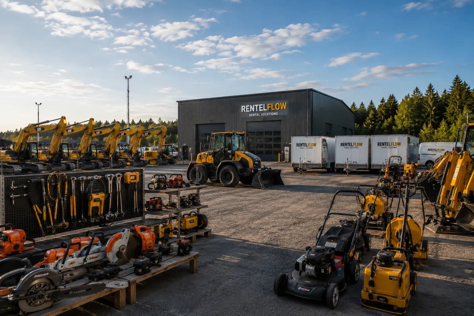 RentelFlow rental yard with machines, tools and branded trailers