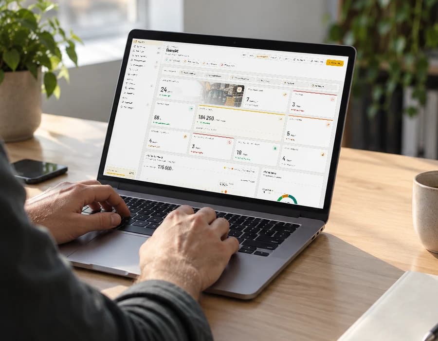 En medarbetare vid ett skrivbord med RentelFlows översikt öppen på en bärbar dator.
