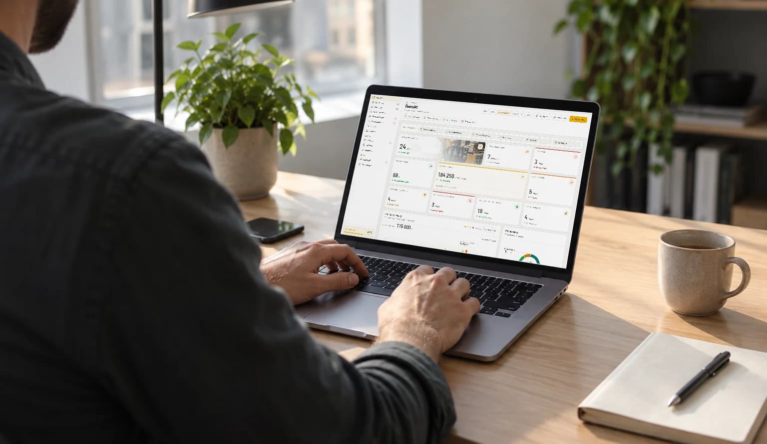 En medarbetare vid ett skrivbord med RentelFlows översikt öppen på en bärbar dator.