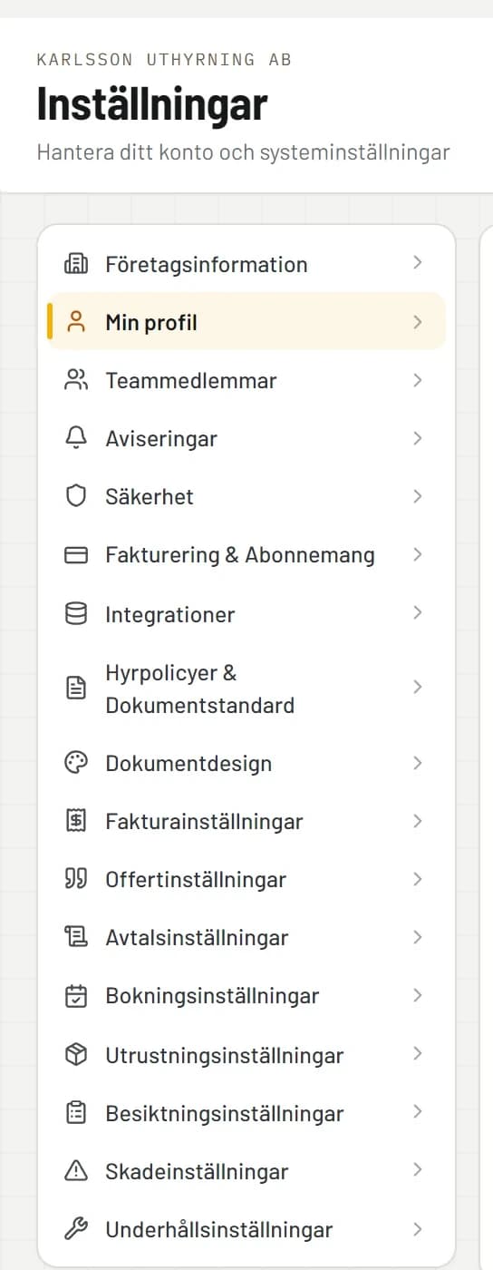RentelFlow Inställningar — sjutton konfigurationsområden, bland dem Företagsinformation, Teammedlemmar, Säkerhet och Integrationer.