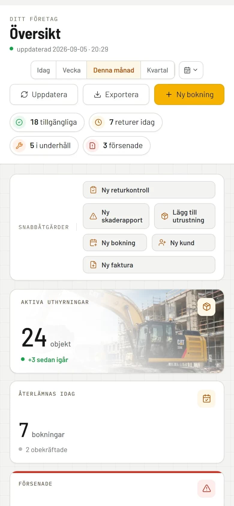 RentelFlow Översikt på en telefon — statusrad, snabbåtgärder och nyckeltalskort.