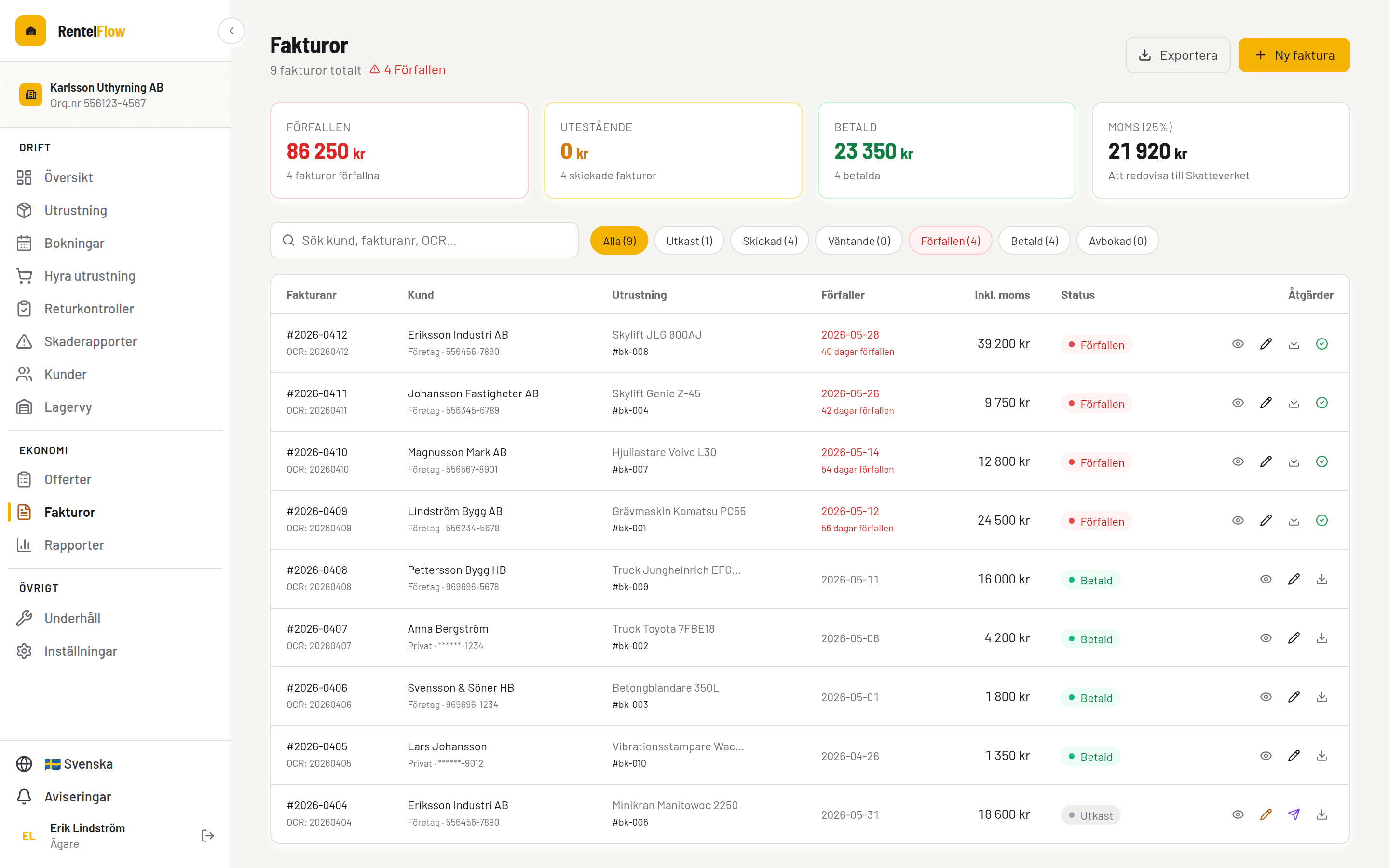 RentelFlow invoices with OCR numbers and Bankgiro